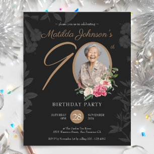 Black Budget Floral 90e Invitation anniversaire