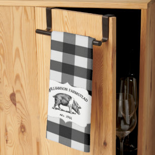 Black Buffalo Plaid Farm Pig Serviette de cuisine