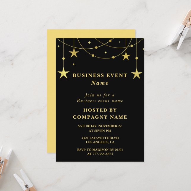 Black Business Party invitation Party Gold Stars (Devant/Arrière en situation)