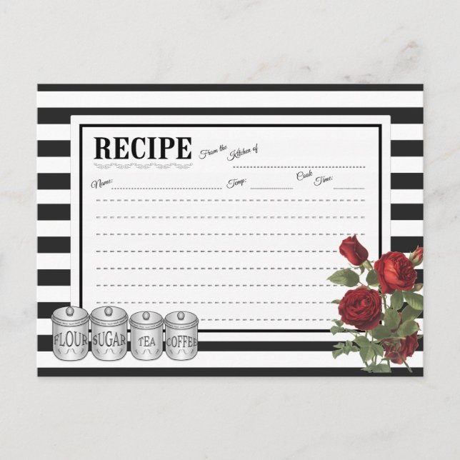 Black | Carte de recette florale White Modern Stri (Devant)
