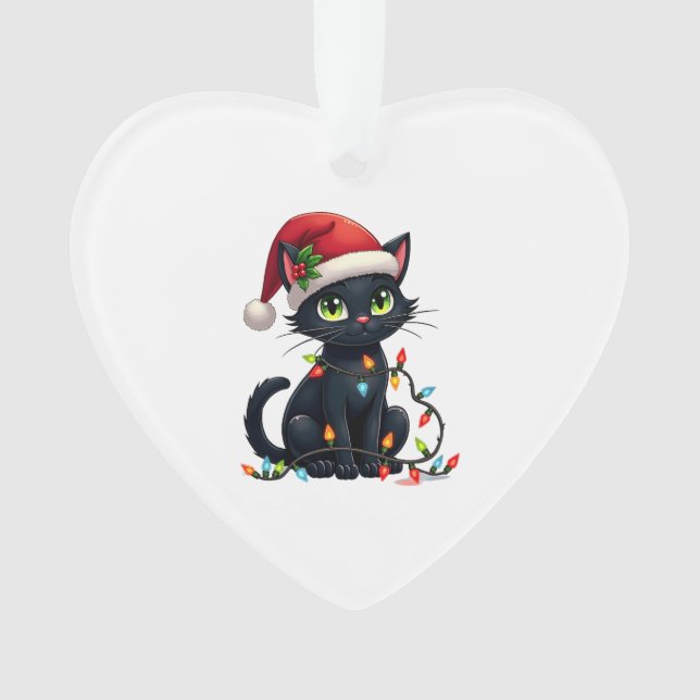 Black Cat Christmas Lights Santa Hat Funny Xmas Ca (devant)