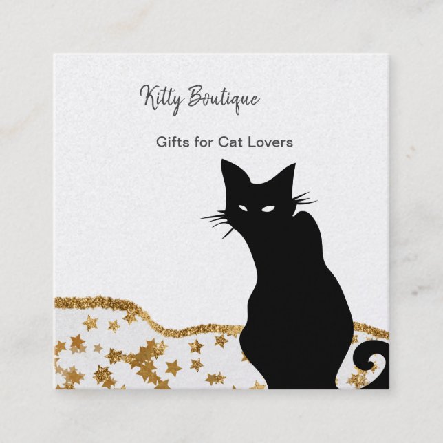 Black Cat Gold Stars Carré Carte de visite (Devant)