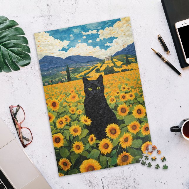 Black Cat in Sunflower Field Jigsaw Puzzle (Créateur téléchargé)