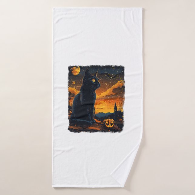 Black Cat Starry Nuit Van Gogh Citrouilles Bats Ha (Serviette de bain)