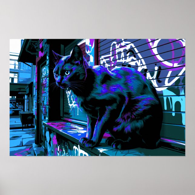 Black Cat Street Punk Neon Design Poster Imprimer (Devant)