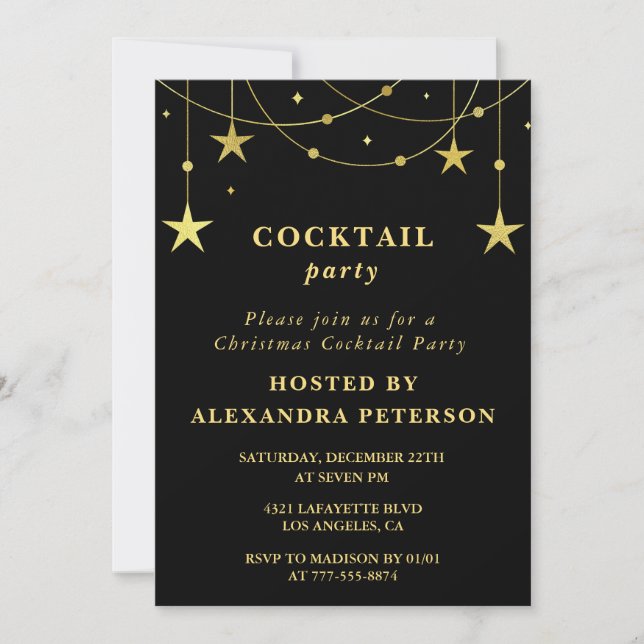 Black Christmas Cocktail Party invitation Gold Sta (Devant)