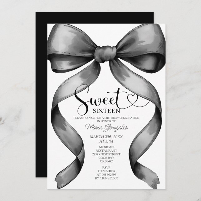 Black Coquette Bow 16th Birthday Invitation (Devant / Derrière)