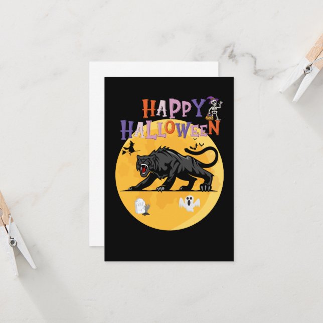 black cougar on halloween night invitation card (Devant/Arrière en situation)
