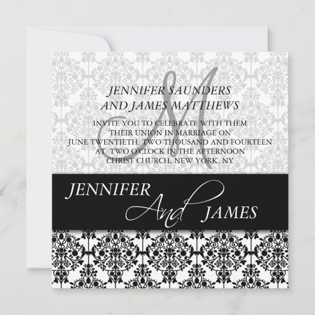 Black Damask 5 Monogramme Nom Mariage Invitations (Devant)