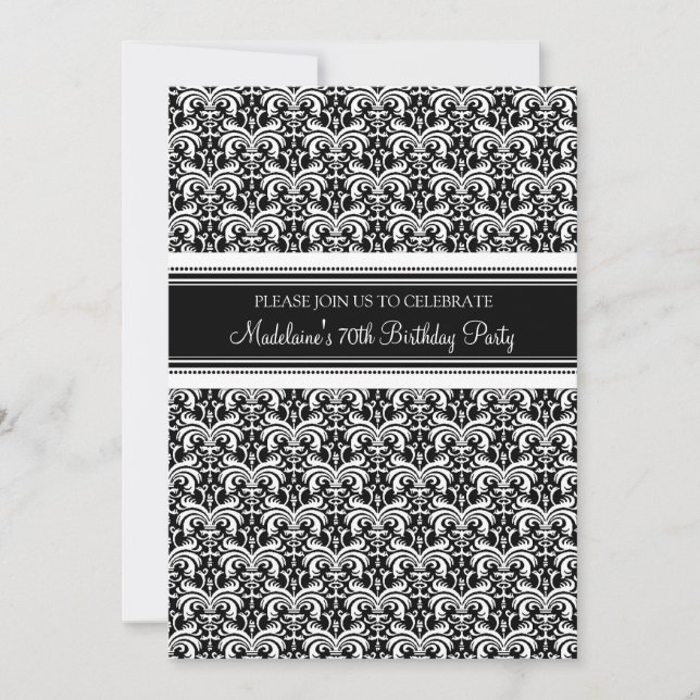 Black Damask 70th Birthday Party Invitations (Devant)