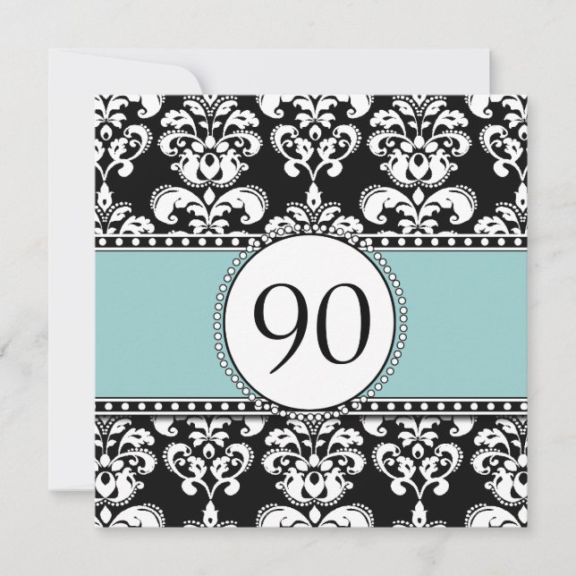 Black Damask 90th Birthday Invitations Blue (Devant)