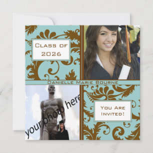 Black Damask Aqua Blue Graduation Invitation