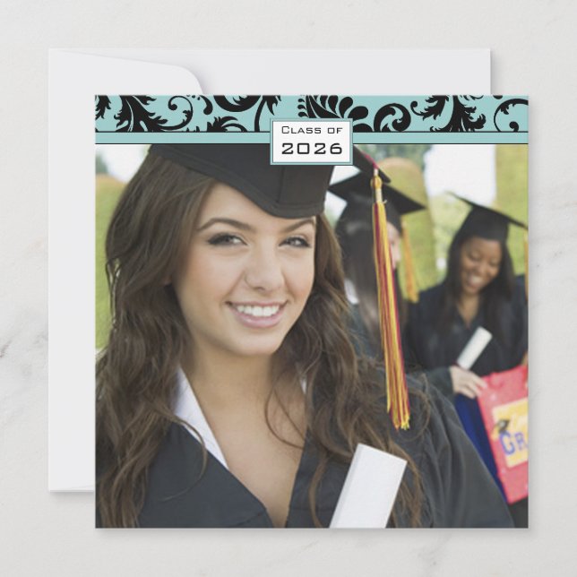 Black Damask Aqua Blue Graduation Invitation (Devant)