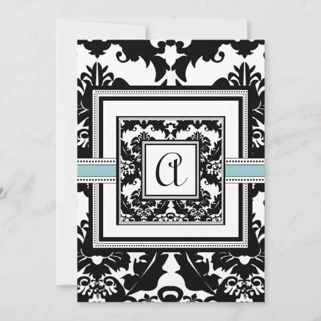Black Damask Aqua Trim Coeurs Mariage Invitations (Devant)