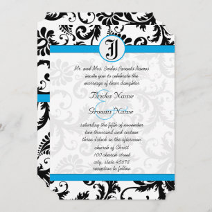 Black Damask Aquamarine Trim Wedding Invitations