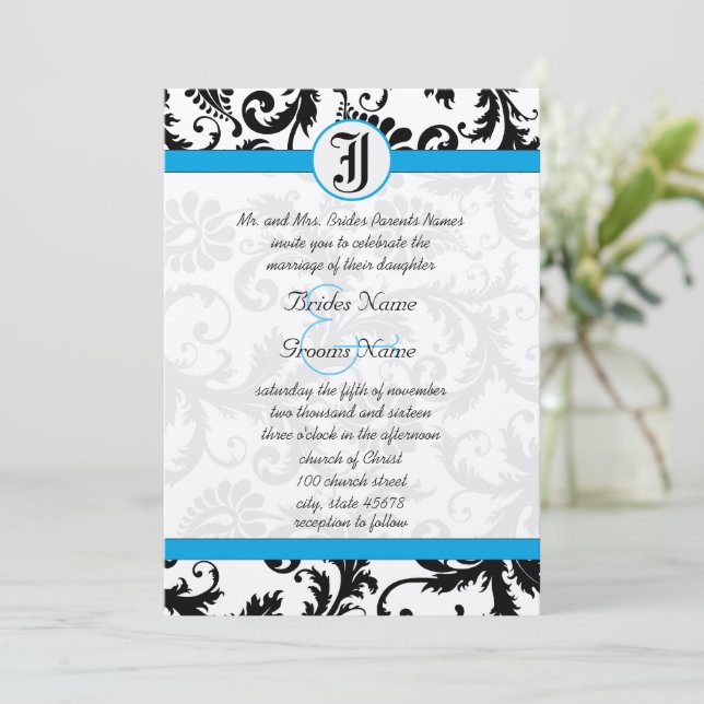 Black Damask Aquamarine Trim Wedding Invitations (Debout devant)