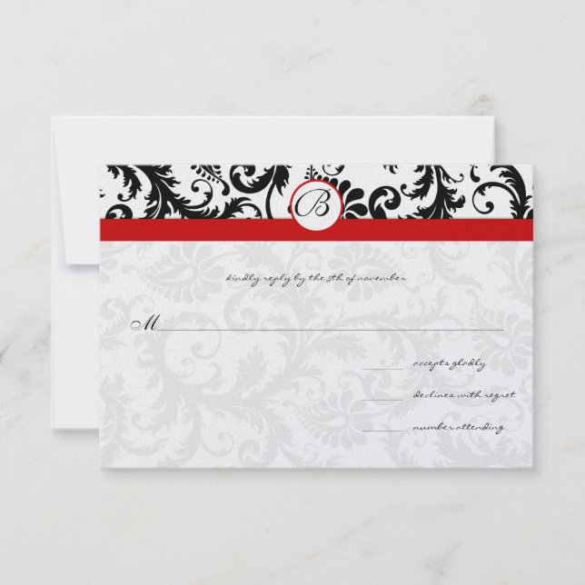 Black Damask Frotles Red Trim Mariage RSVP (Devant)