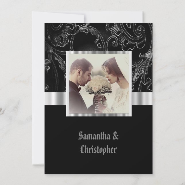 Black damask gothic wedding photo invitation (Dos)