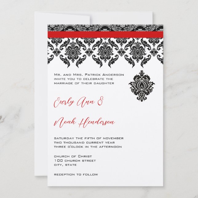 Black Damask On White  Red Trim Wedding Invitation (Devant)