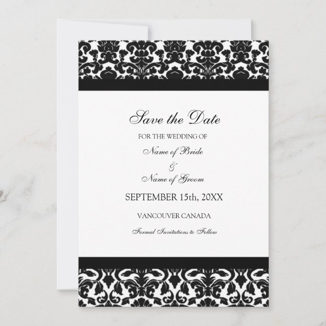 Black Damask Photo Wedding Enregistrer la carte Da (Devant)