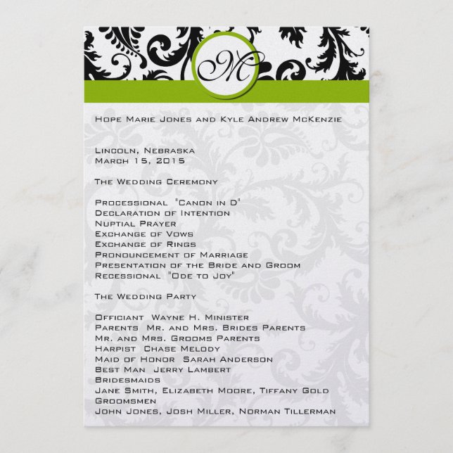 Black Damask Swirl Apple Green Wedding Programme (Devant)