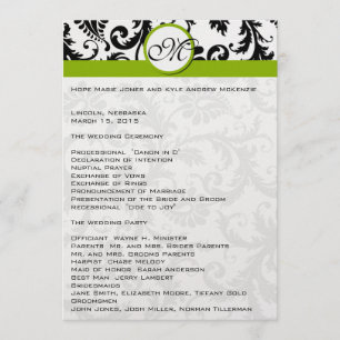 Black Damask Swirl Apple Green Wedding Programme