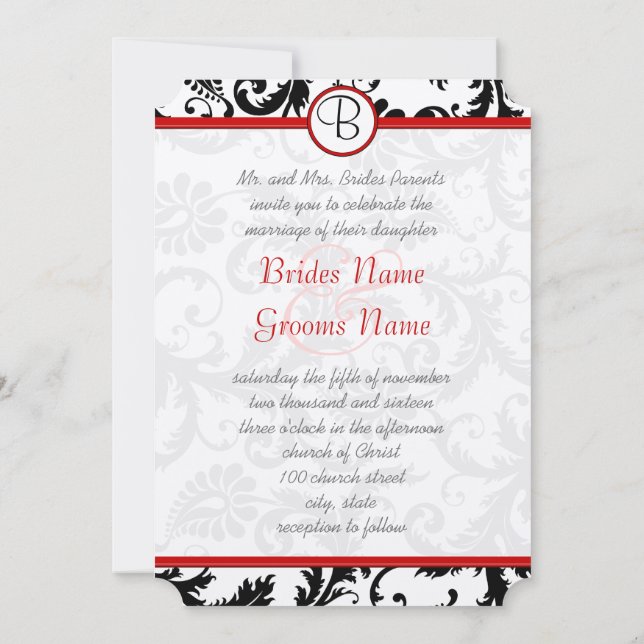 Black Damask Swirls Red Trim Wedding Invitations (Dos)