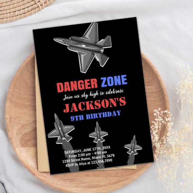 Black Danger Zone Fighter Jet Invitations Annivers (Black Danger Zone Fighter Jet Birthday Invitations)