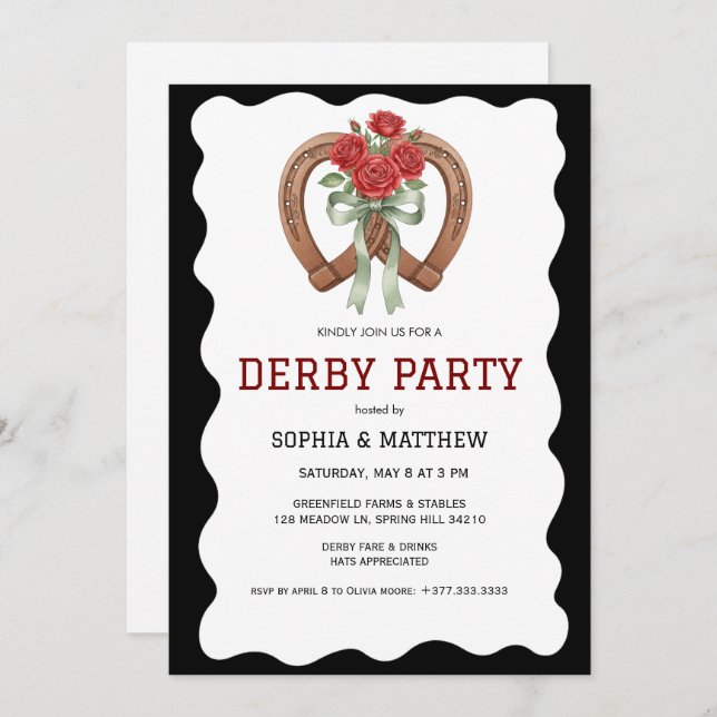 Black Derby Party Invitation Elegant Horseshoe (Devant / Derrière)