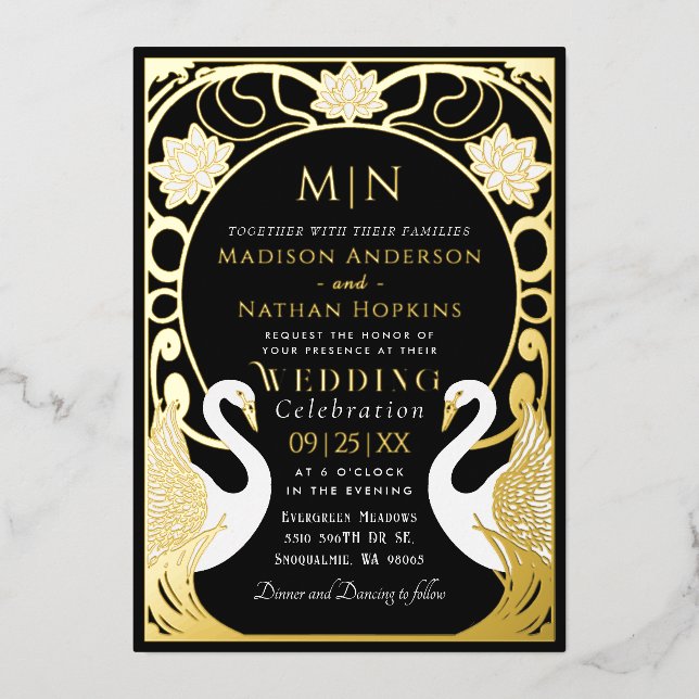 Black Elegant Art Nouveau Swans Wedding Invitation (Recto)