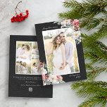 Black Elegant Christmas Photo Collage Carte de vac<br><div class="desc">Célébrez cette saison festive avec notre Black Elegant Christmas Photo Collage Holiday Card. Peintes à la main avec amour, ces cartes présentent un mélange exquis de fleurs crème, de baies rouges et de plantes vertes, le tout dressé contre un choix d'arrière - plans rouges, vert foncé ou noirs. Parfait pour...</div>