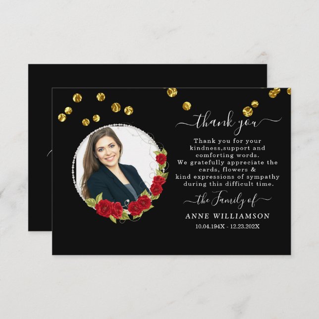 Black Elegant Rouge Floral Carte de remerciements  (Devant / Derrière)