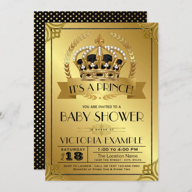 Black et Gold Prince Baby Shower Invitations (Devant / Derrière)