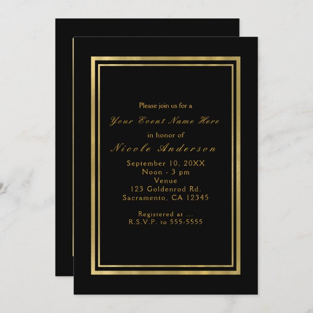 Black & Faux Foil Gold Chic Elegance Invitations (Devant / Derrière)
