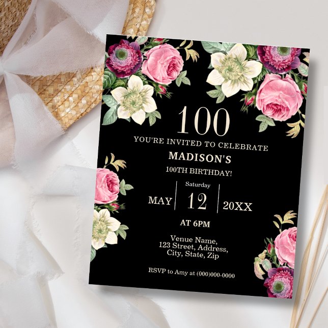 Black Floral 100e Budget Invitation Anniversaire (Créateur téléchargé)