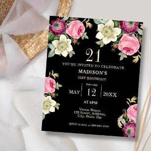 Black Floral 21ème Budget Invitation Anniversaire