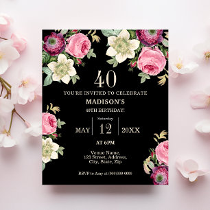 Black Floral 40e Budget Invitation Anniversaire