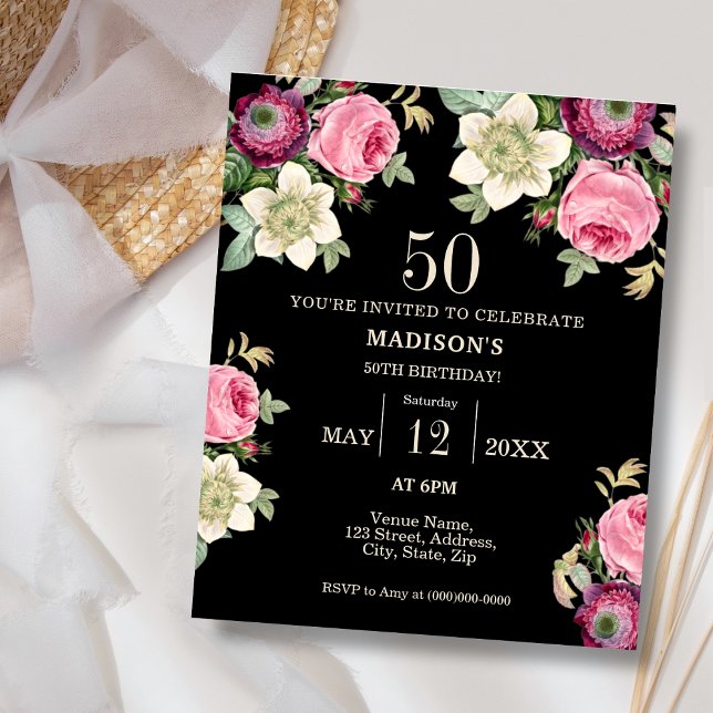 Black Floral 50e Budget Invitation Anniversaire (Créateur téléchargé)