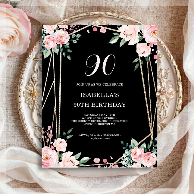 Black Floral 90e Budget Invitation Anniversaire (Créateur téléchargé)