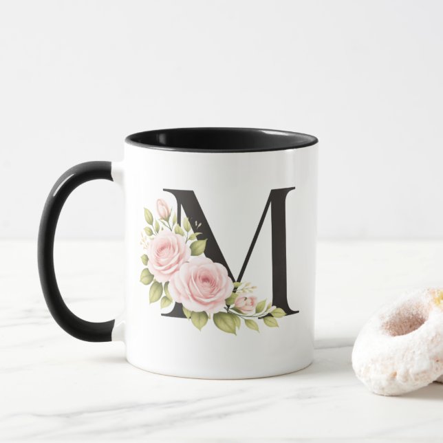 Black Floral Monogram M Mug (Avec donut)