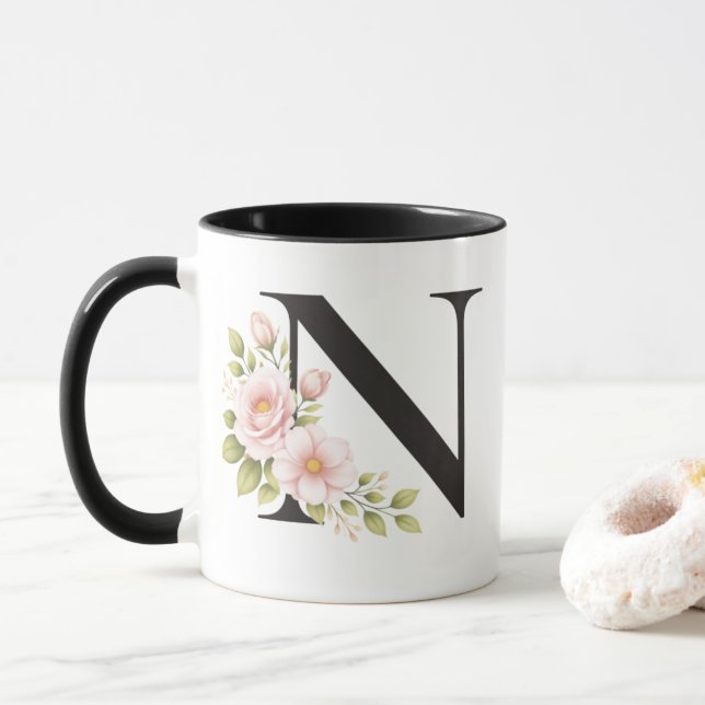 Black Floral Monogram N Mug (Avec donut)
