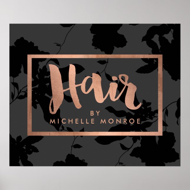 Black Floral Rose Gold Texte Hair Stylist Poster (Devant)