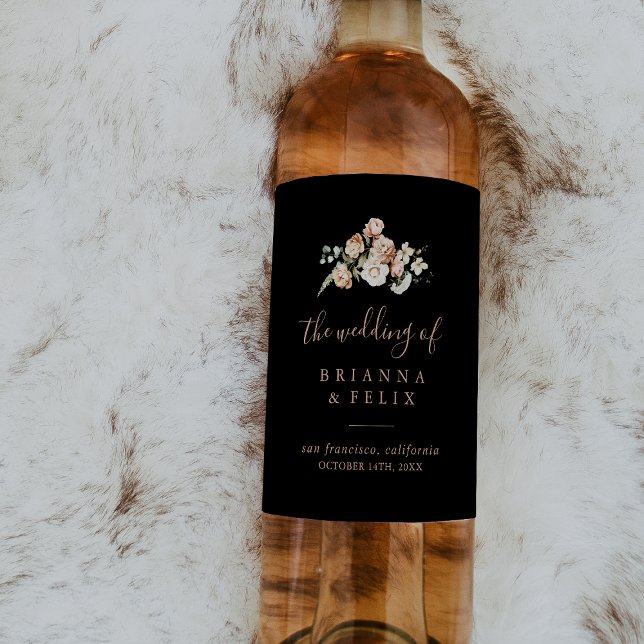 Black Foral Royal Floral Mariage Étiquettes de vin (Créateur téléchargé)