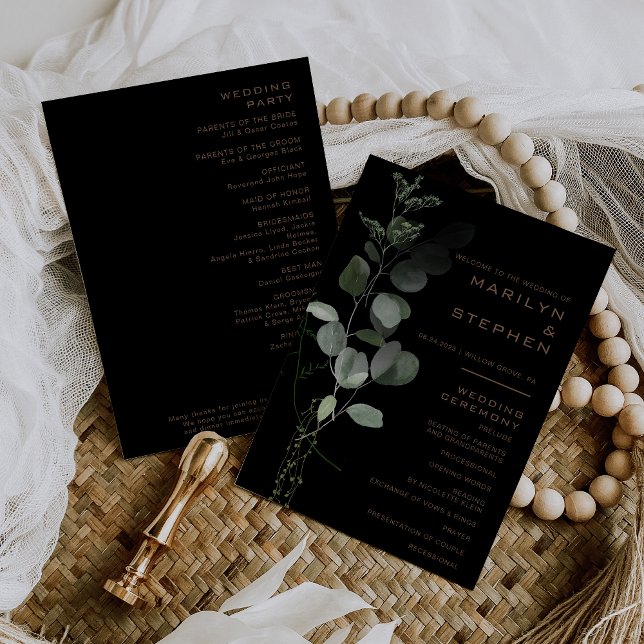 Black Formal Minimal Eucalyptus Wedding Programme (Créateur téléchargé)