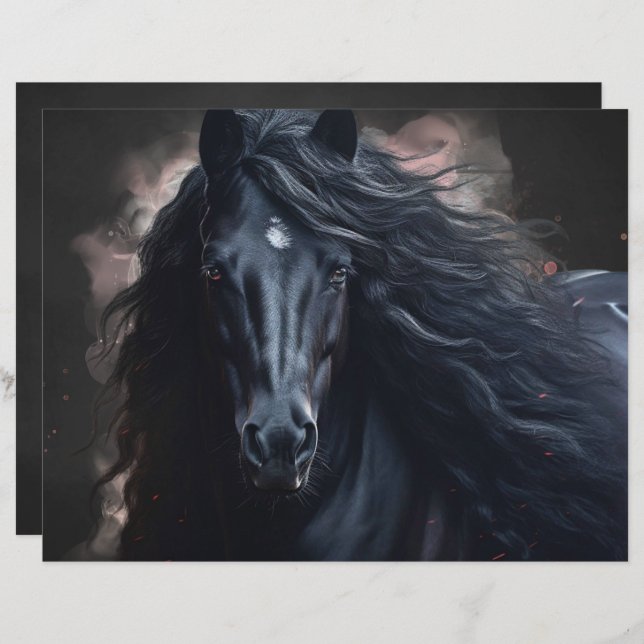 Black Friesian Horse Scrapbook Paper (Devant / Derrière)