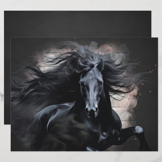 Black Friesian Horse Scrapbook Paper (Devant / Derrière)