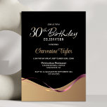 Black Gold 30th Birthday Party Invitation<br><div class="desc">Cette invitation moderne à fêter ses 30 ans en noir et or rayonne d'élégance et de sophistication simples. Son design se décline en noir et or, séparé par une vague fluide et un ruban rose élégant qui coule d'un côté à l'autre. La zone de texte personnalisable vous permet d'inclure sans...</div>