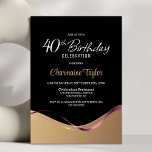 Black Gold 40th Birthday Party Invitation<br><div class="desc">Cette invitation moderne à la fête du 40e anniversaire en noir et or rayonne d'élégance et de sophistication simples. Son design se décline en noir et or, séparé par une vague fluide et un ruban rose élégant qui coule d'un côté à l'autre. La zone de texte personnalisable vous permet d'inclure...</div>
