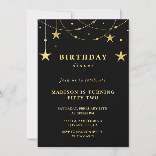 Black Gold 52e anniversaire invitations Stars (Devant)