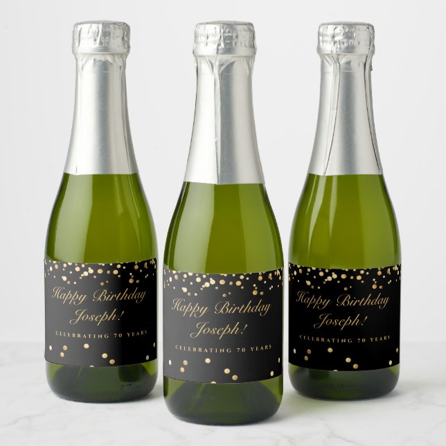 Black & Gold 70th Birthday Sparkling Vin Étiquette (Bouteilles)